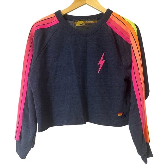 Aviator Nation Bolt Embroidery Cropped Sweatshirt Heather Navy Neon Stripes S - Picture 5 of 11